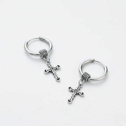 Textured Cross Dangle Hoop Earrings Silver Front