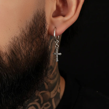 Textured Cross Dangle Hoop Earrings Silver Worn by Male Model