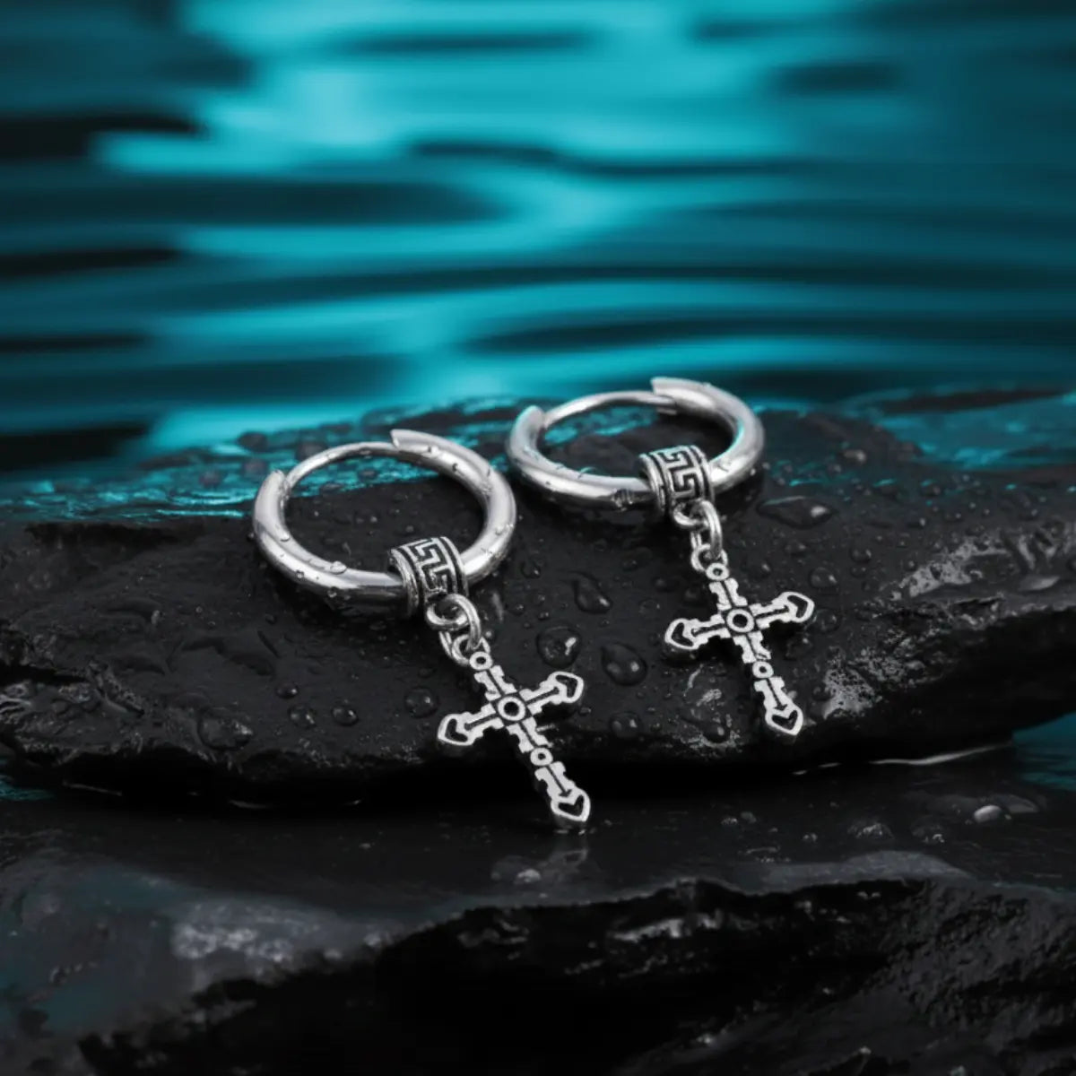 Textured Cross Dangle Hoop Earrings Silver