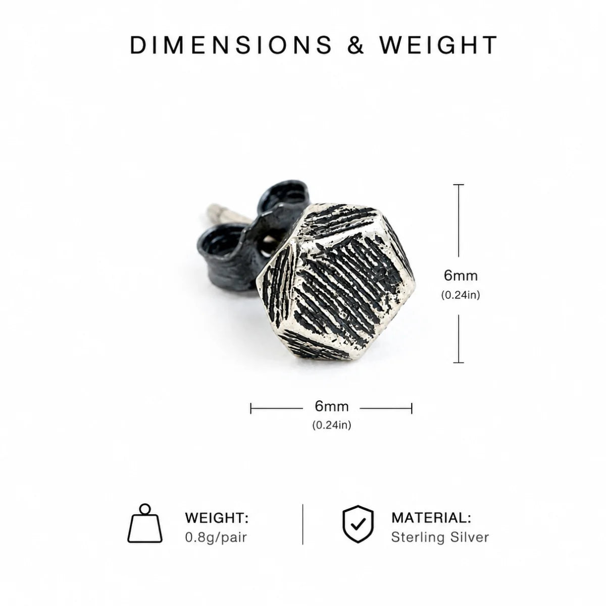Textured Geometric Stud Earrings 925 Silver Dimension Diagram 7mm 0.28inch and 8mm 0.31inch