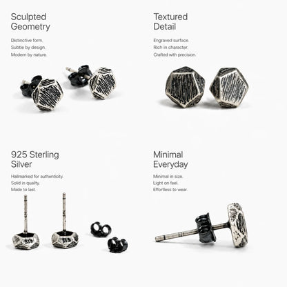 Textured Geometric Stud Earrings 925 Silver Multi Angle Product Feature Showcase