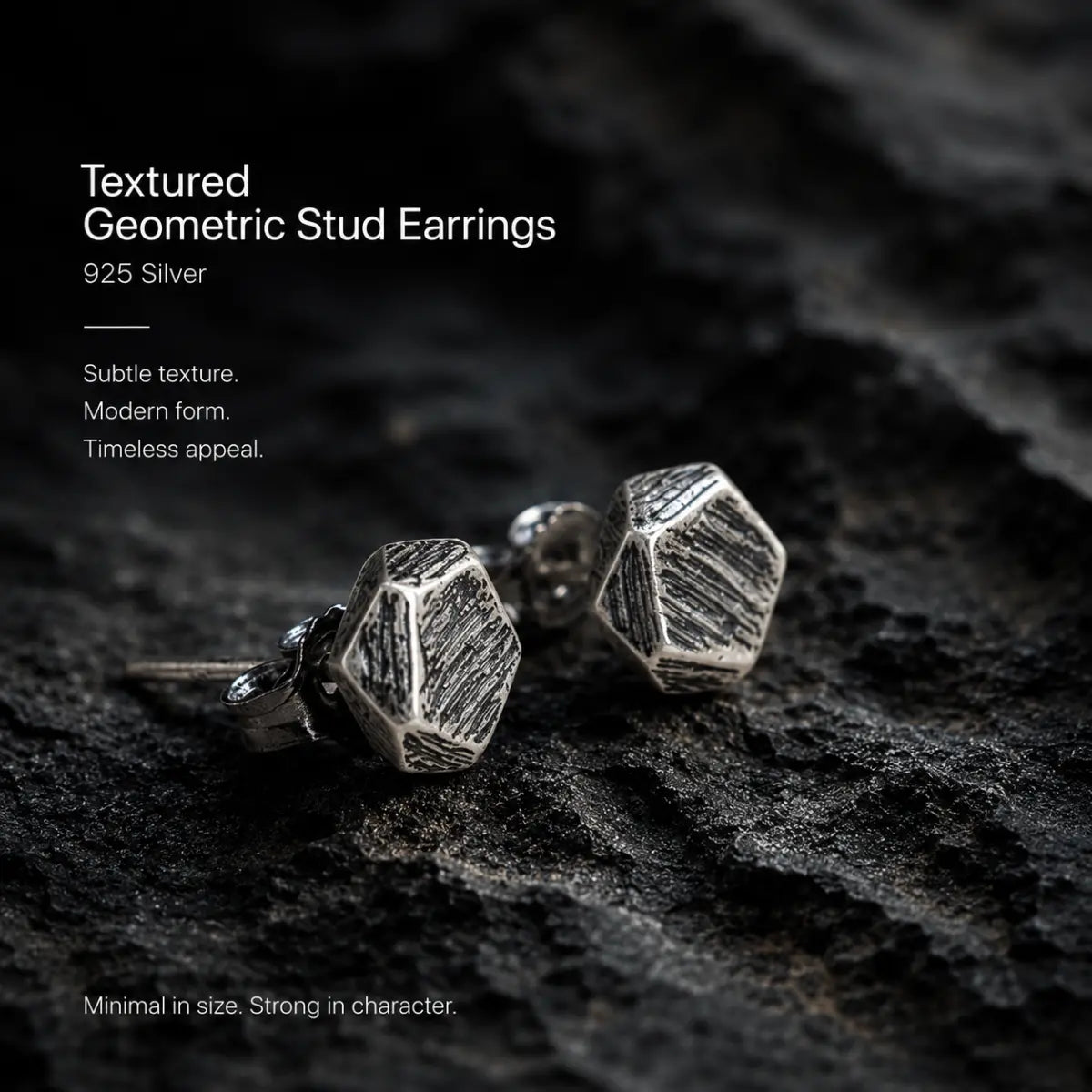 Textured Geometric Stud Earrings 925 Silver Pair Displayed on Stone Surface
