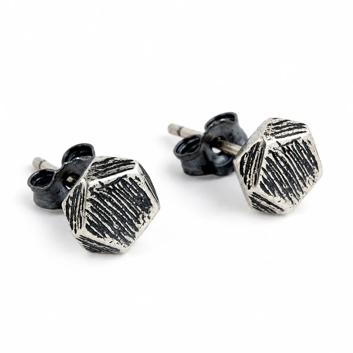 Textured Geometric Stud Earrings 925 Silver Pair Front View White Background