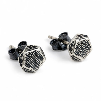 Textured Geometric Stud Earrings 925 Silver Pair Front View White Background