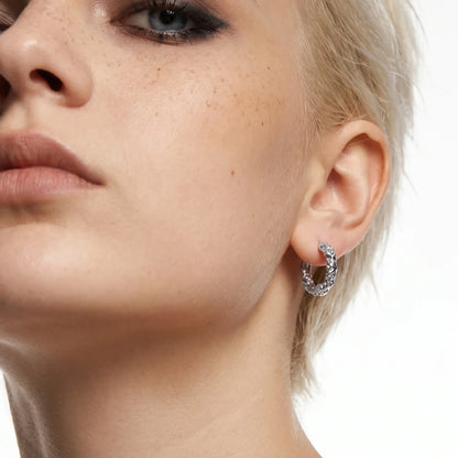 Textured Huggie Hoop Earrings White Gold Worn by Female Model