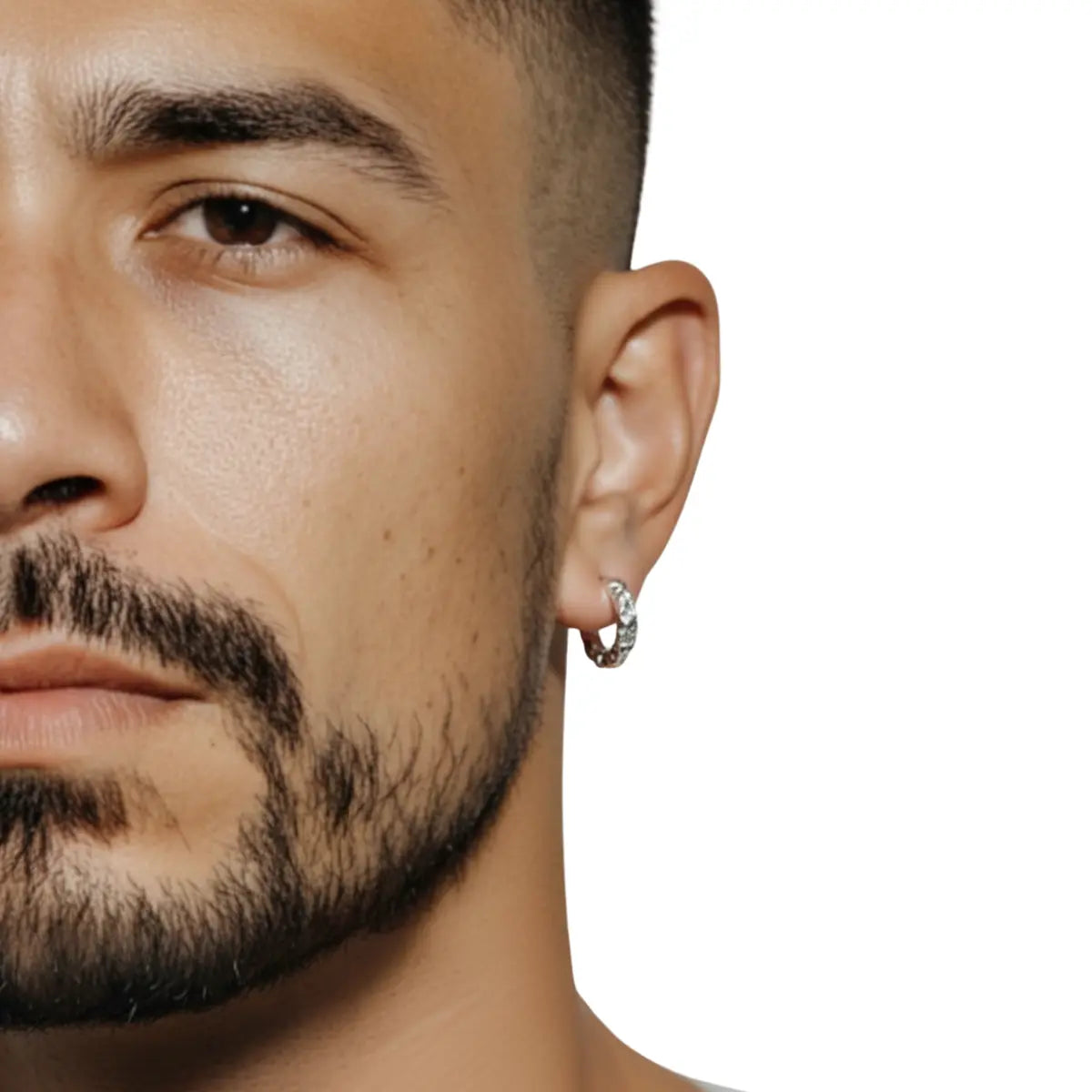 Textured Huggie Hoop Earrings White Gold Worn by Male Model