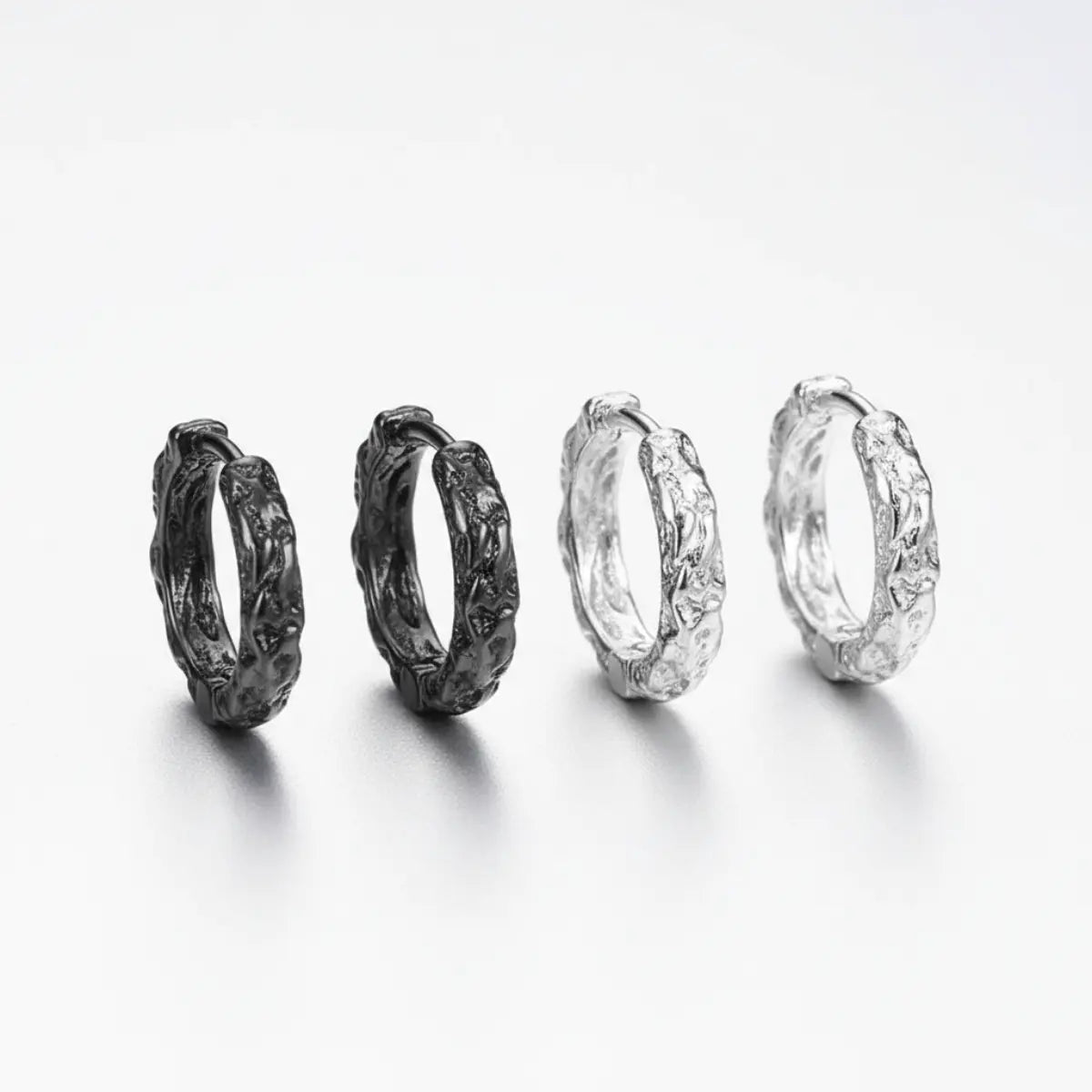 Textured Huggie Hoop Earrings White Gold and Black Details