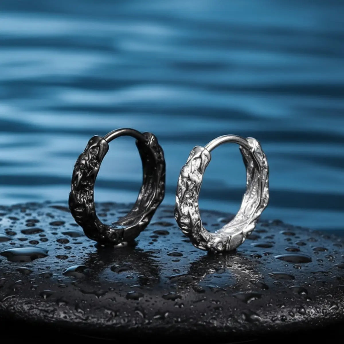 Textured Huggie Hoop Earrings White Gold and Black