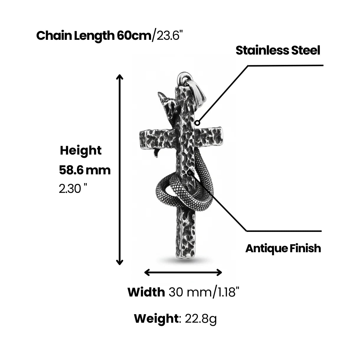 Textured Snake Cross Pendant Necklace Dimensions and Weight