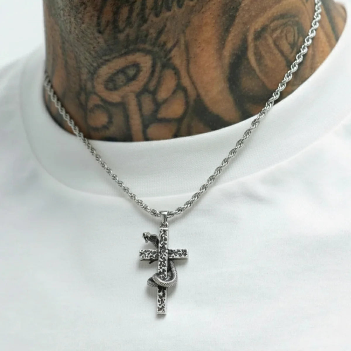 Textured Snake Cross Pendant Necklace Worn by Male Model