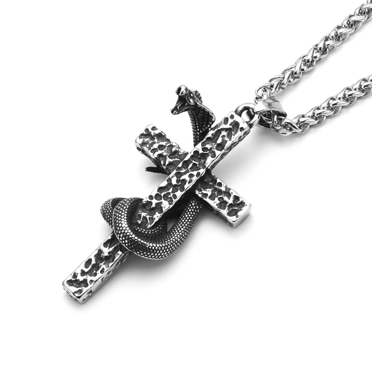 Textured Snake Cross Pendant Necklace with Chain