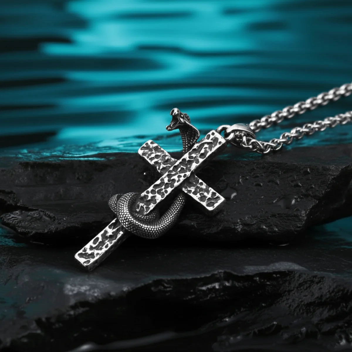 Textured Snake Cross Pendant Necklace