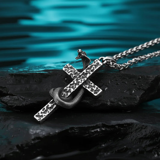 Textured Snake Cross Pendant Necklace