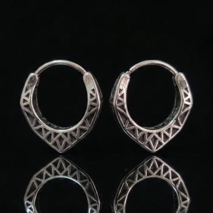 Textured Triangle Hoop Earrings Close Up Black Background with Reflection
