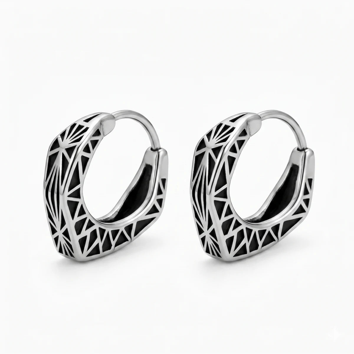 Textured Triangle Hoop Earrings Pair White Background Three Quarter View