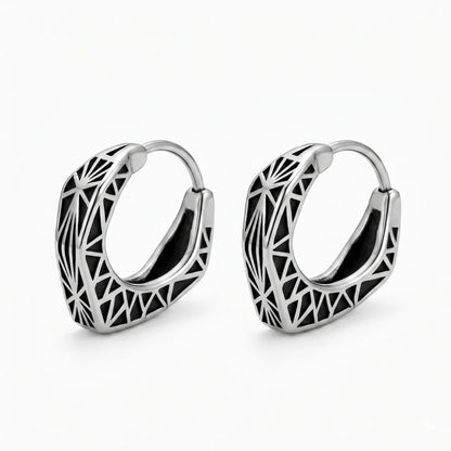 Textured Triangle Hoop Earrings Pair White Background Three Quarter View
