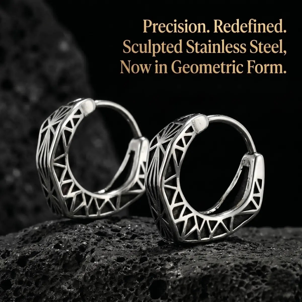 Textured Triangle Hoop Earrings on Black Volcanic Rock Studio Product Shot