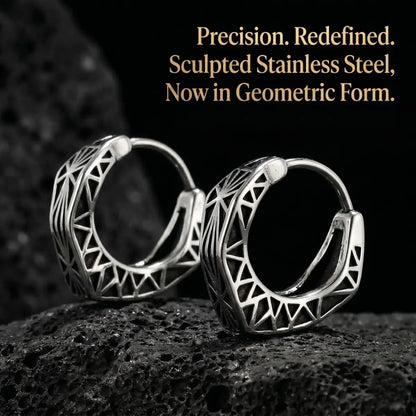 Textured Triangle Hoop Earrings on Black Volcanic Rock Studio Product Shot