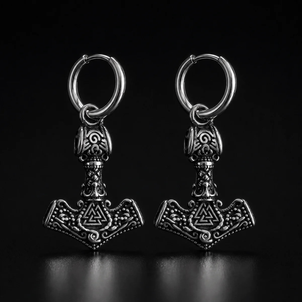 Thor Hammer Earrings Silver Pair Close Up Black Background