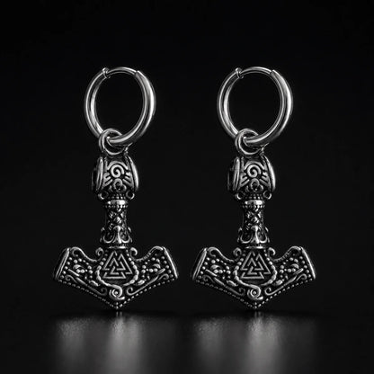 Thor Hammer Earrings Silver Pair Close Up Black Background