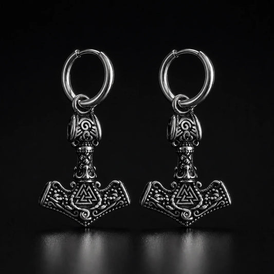 Thor Hammer Earrings Silver Pair Close Up Black Background