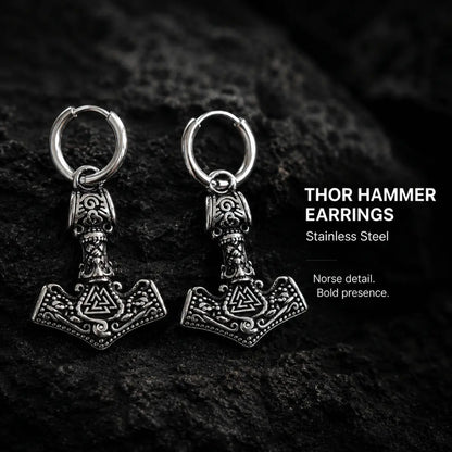 Thor Hammer Earrings Silver Pair Displayed on Stone Surface