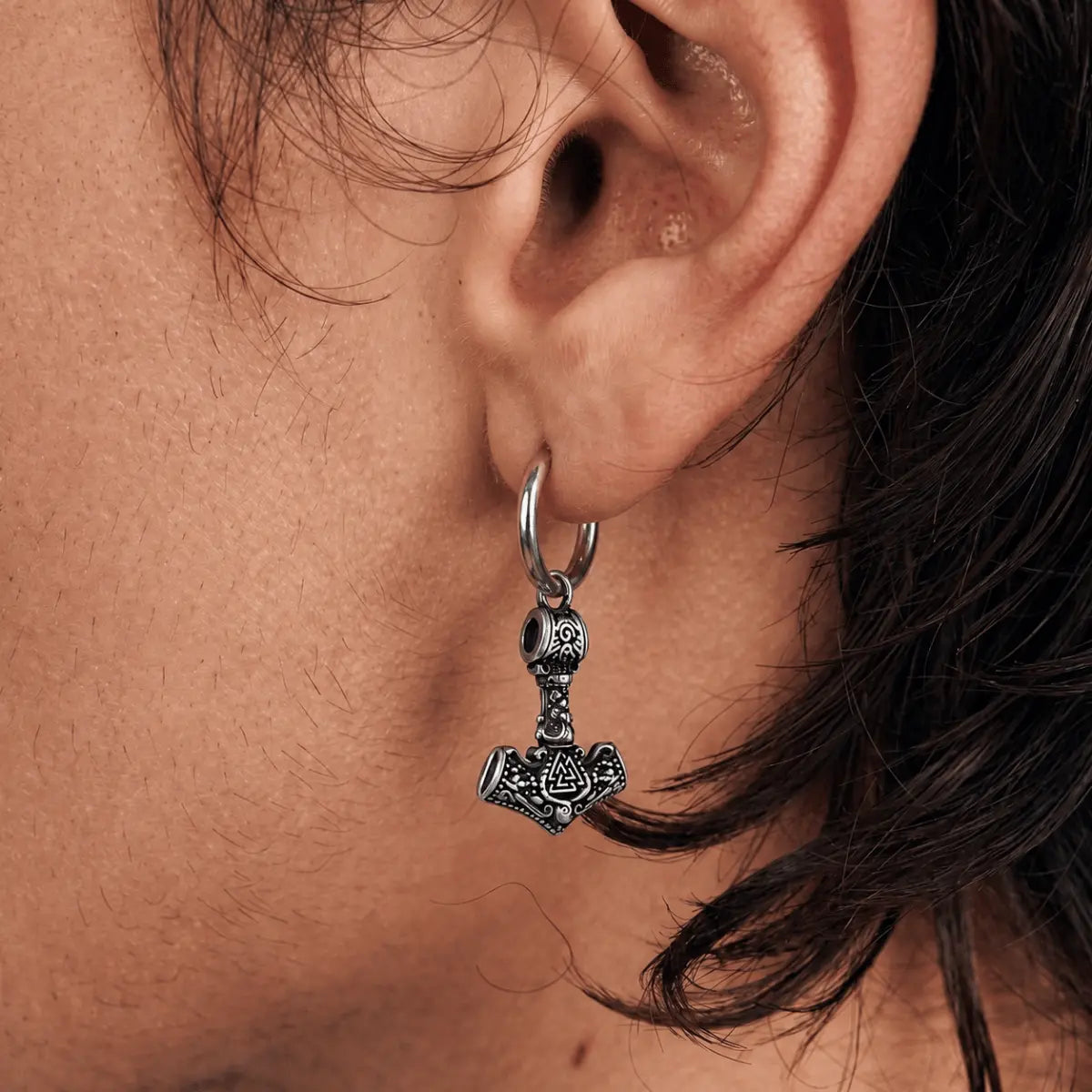 Thor Hammer Earrings Silver Worn by Male Model Close Up