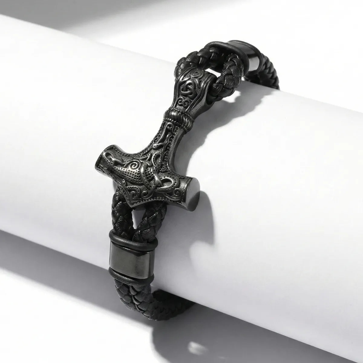 Thors Hammer Mjolnir Leather Bracelet Black Details