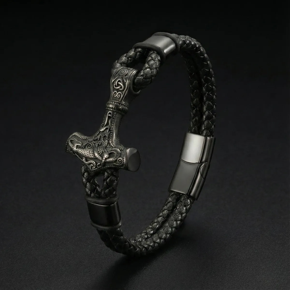 Thors Hammer Mjolnir Leather Bracelet Black