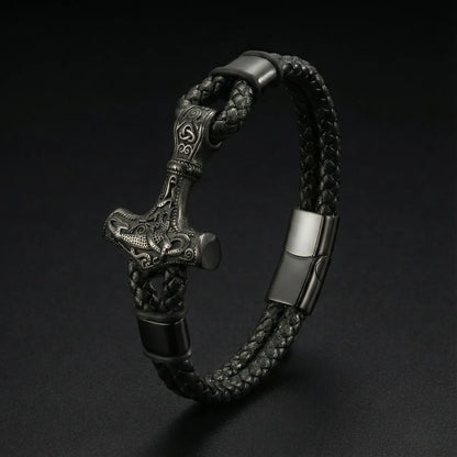 Thors Hammer Mjolnir Leather Bracelet Black