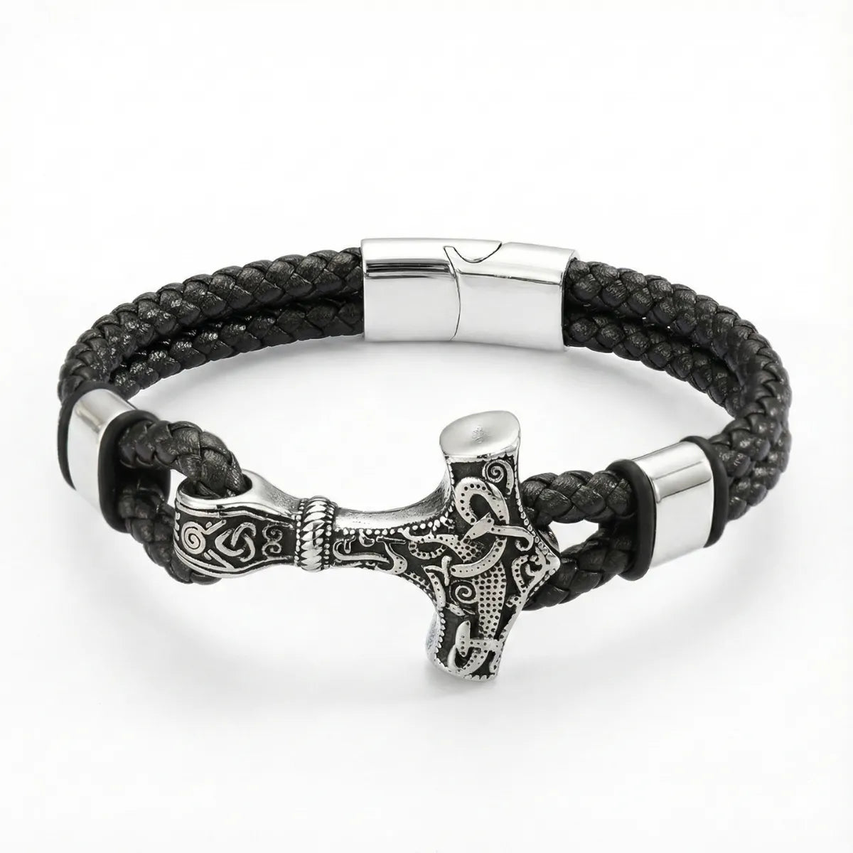 Thors Hammer Mjolnir Leather Bracelet Silver Details