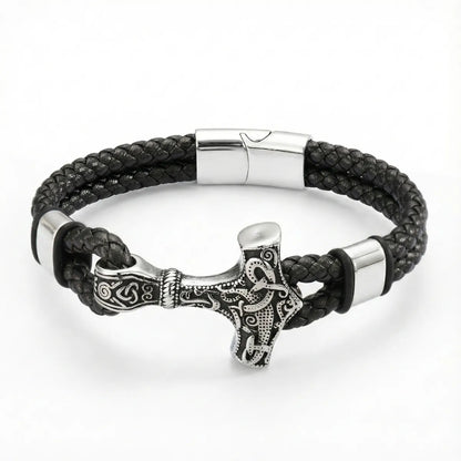 Thors Hammer Mjolnir Leather Bracelet Silver Details