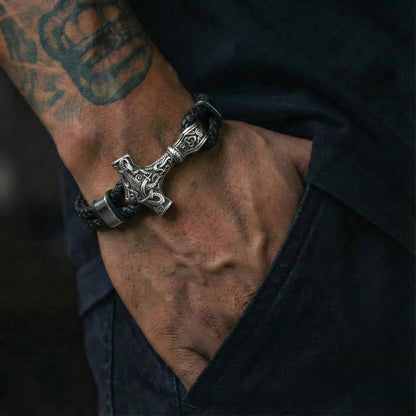 Thors Hammer Mjolnir Leather Bracelet Silver Worn by Male Model
