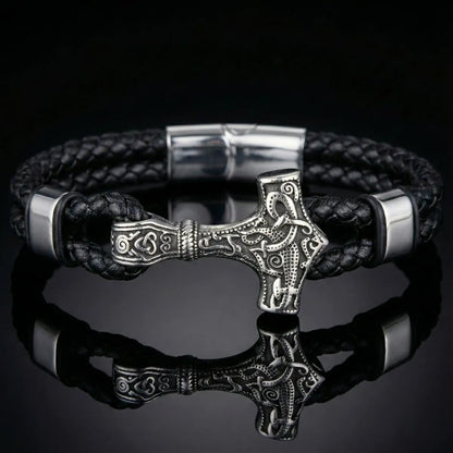 Thors Hammer Mjolnir Leather Bracelet Silver