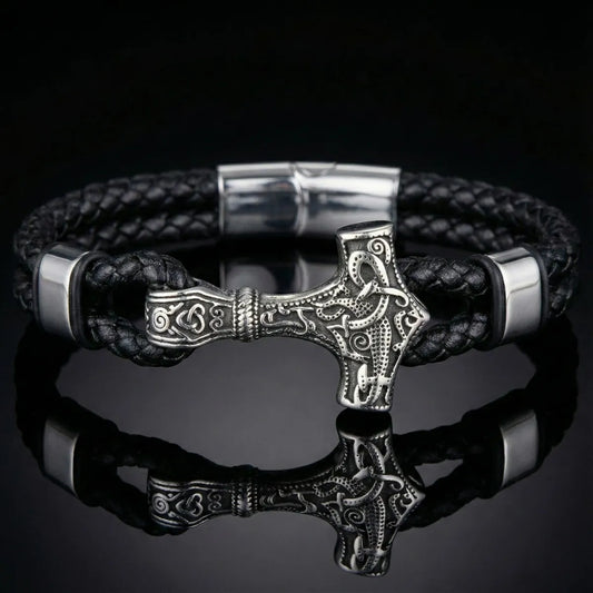 Thors Hammer Mjolnir Leather Bracelet Silver