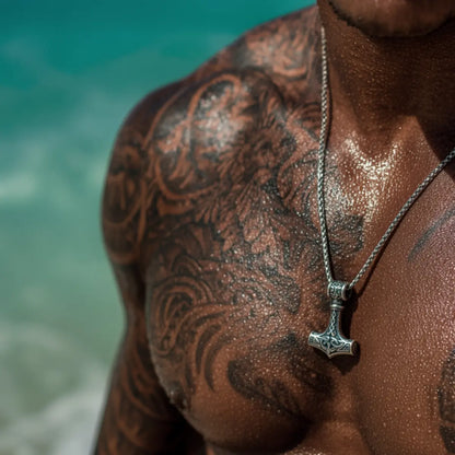 Thor's Hammer Mjolnir Necklace Worn by Male Model