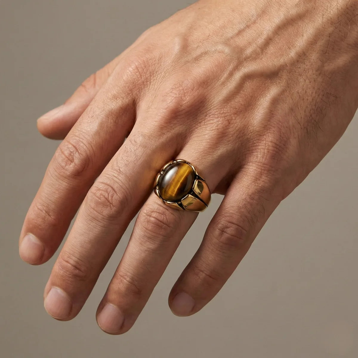 Tiger's Eye Claw Ring Gold Worn by Male Model Close Up