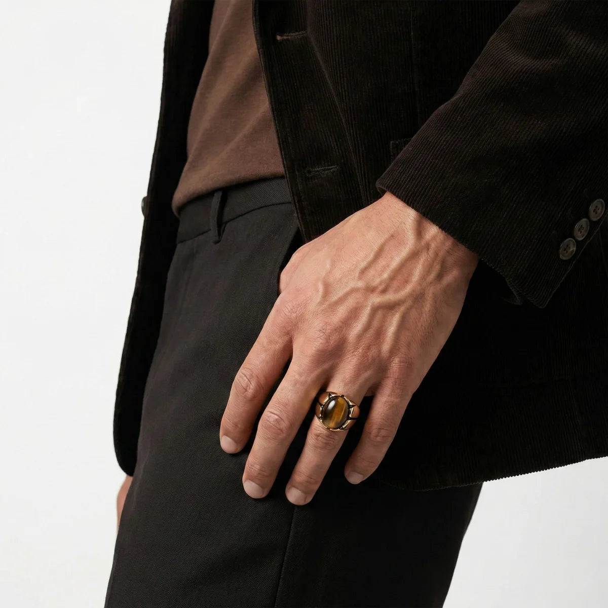 Tiger's Eye Claw Ring Gold Worn by Male Model