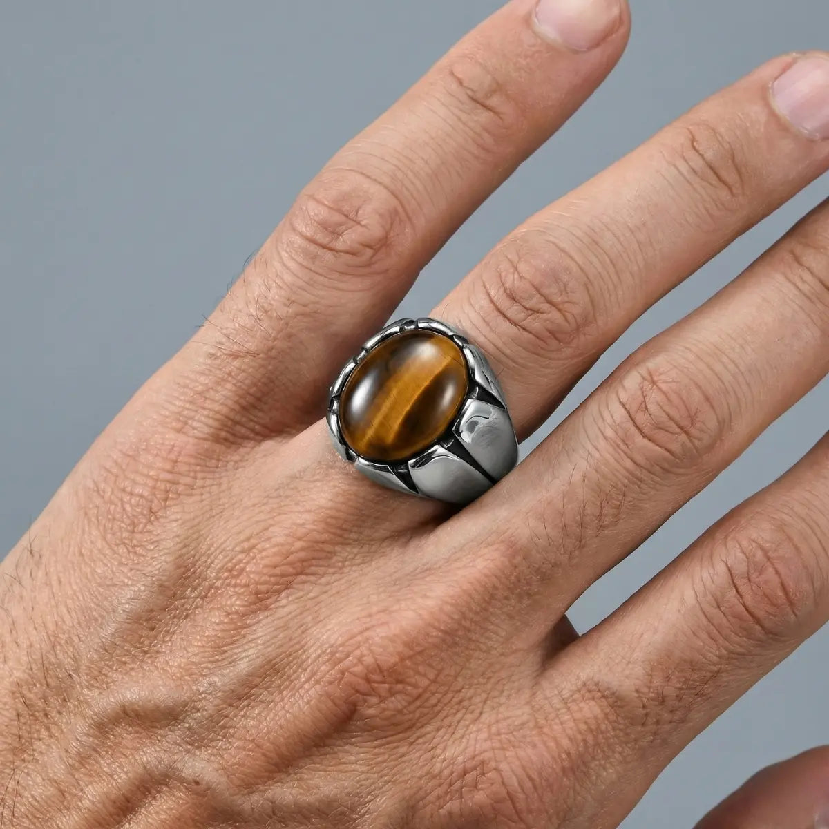 Tiger's Eye Claw Ring Silver Worn by Male Model Close Up
