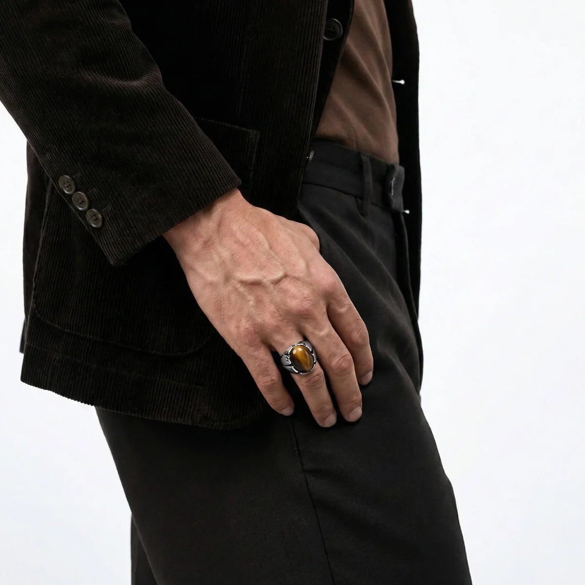 Tiger's Eye Claw Ring Silver Worn by Male Model