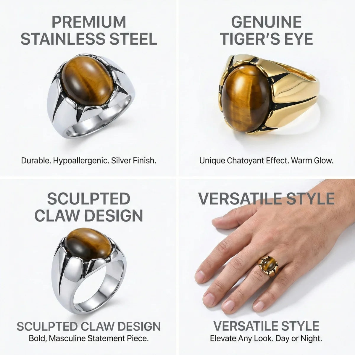 Tiger's Eye Claw Rings Features