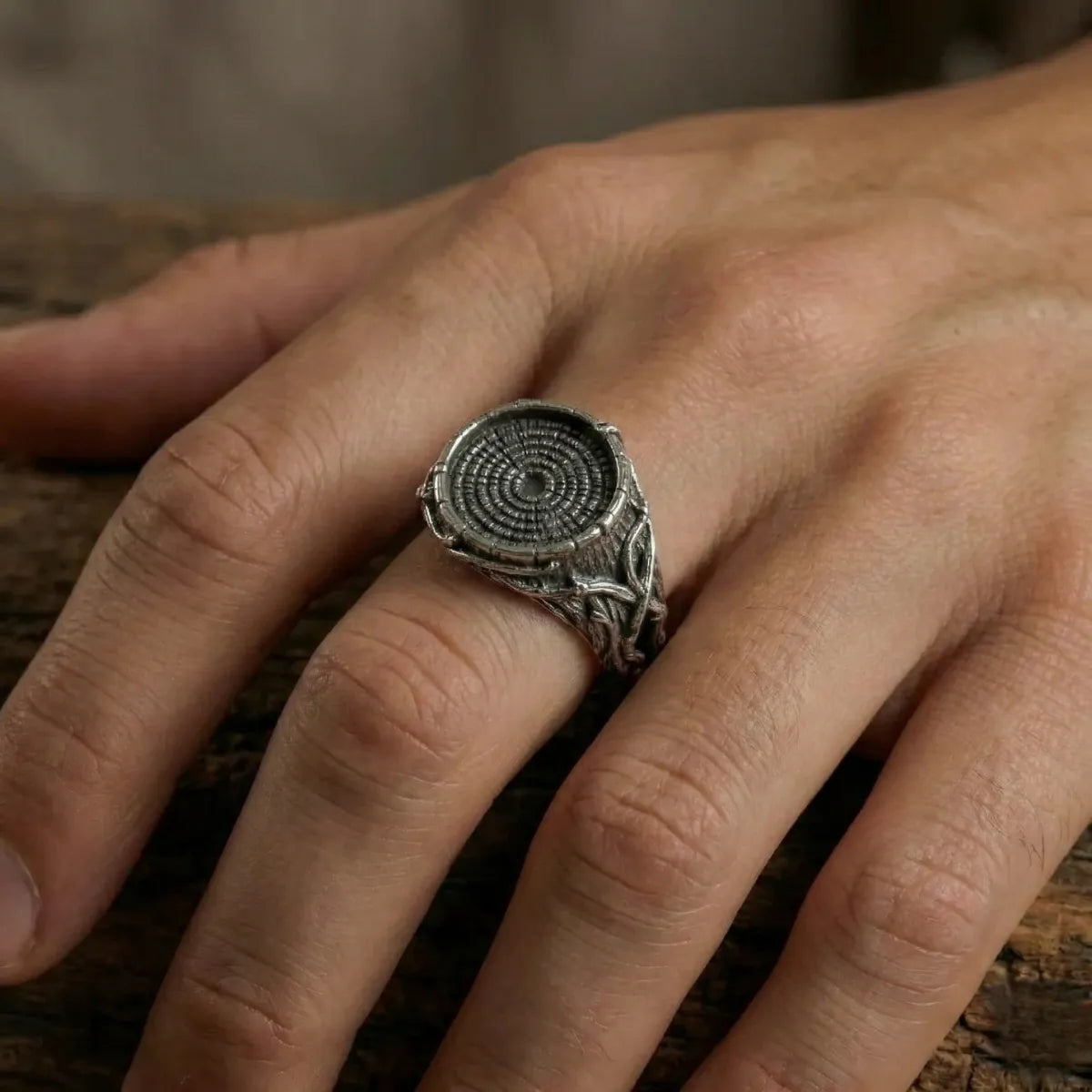 Tree Ring Texture Thorn Ring Worn by Male Model