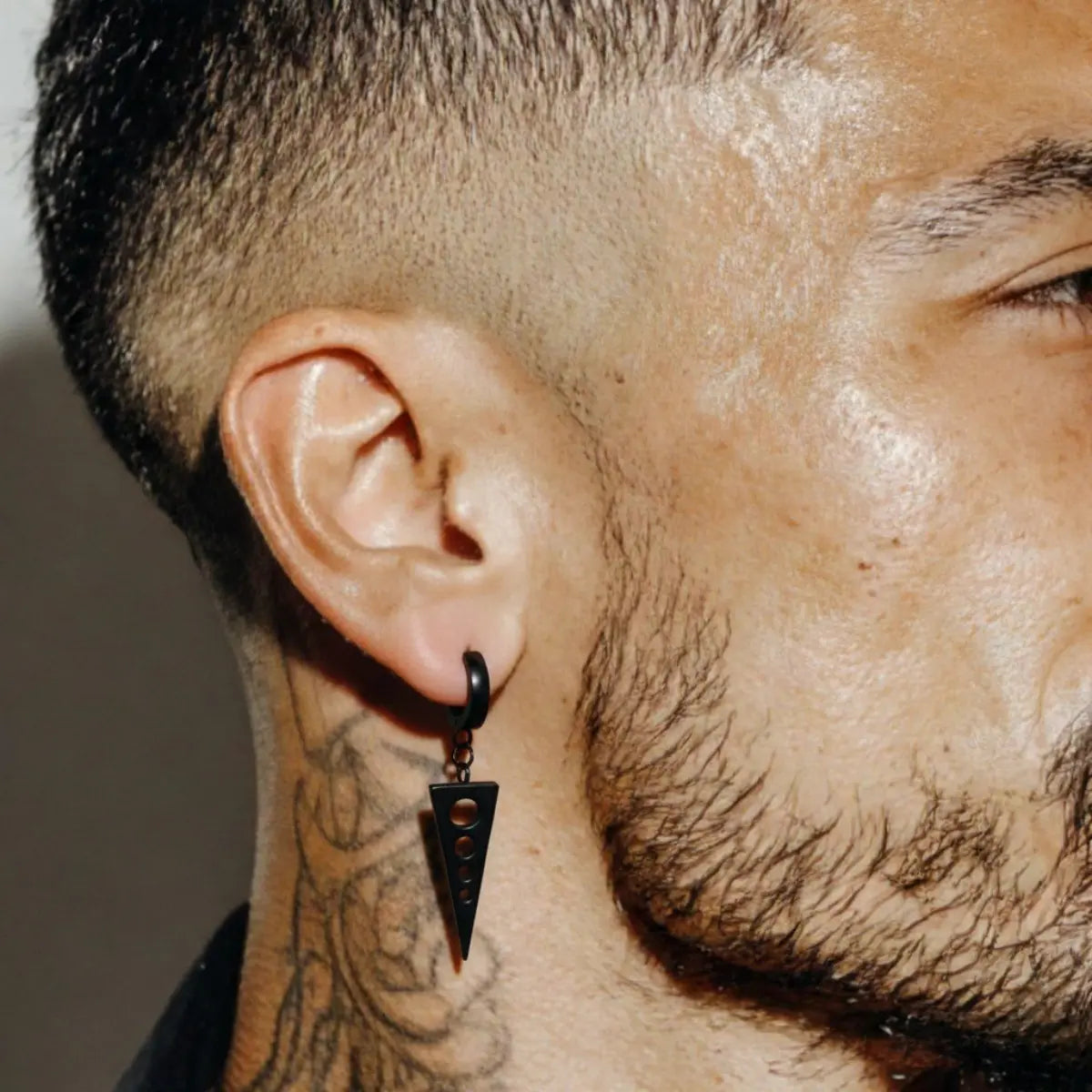 Triangle Dangle Earrings Black Worn by Male Model