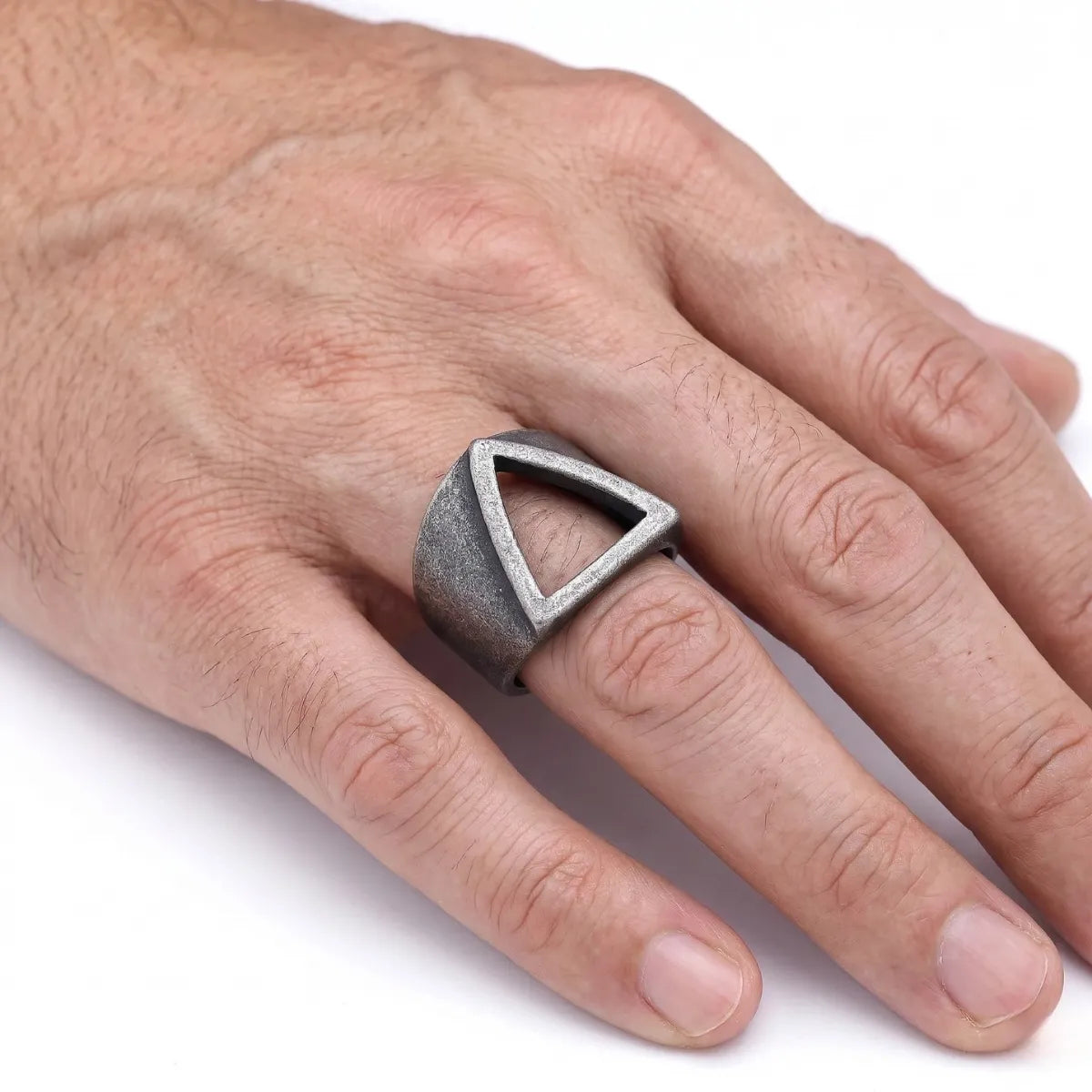 Triangle Ring Worn by Male Model Close Up
