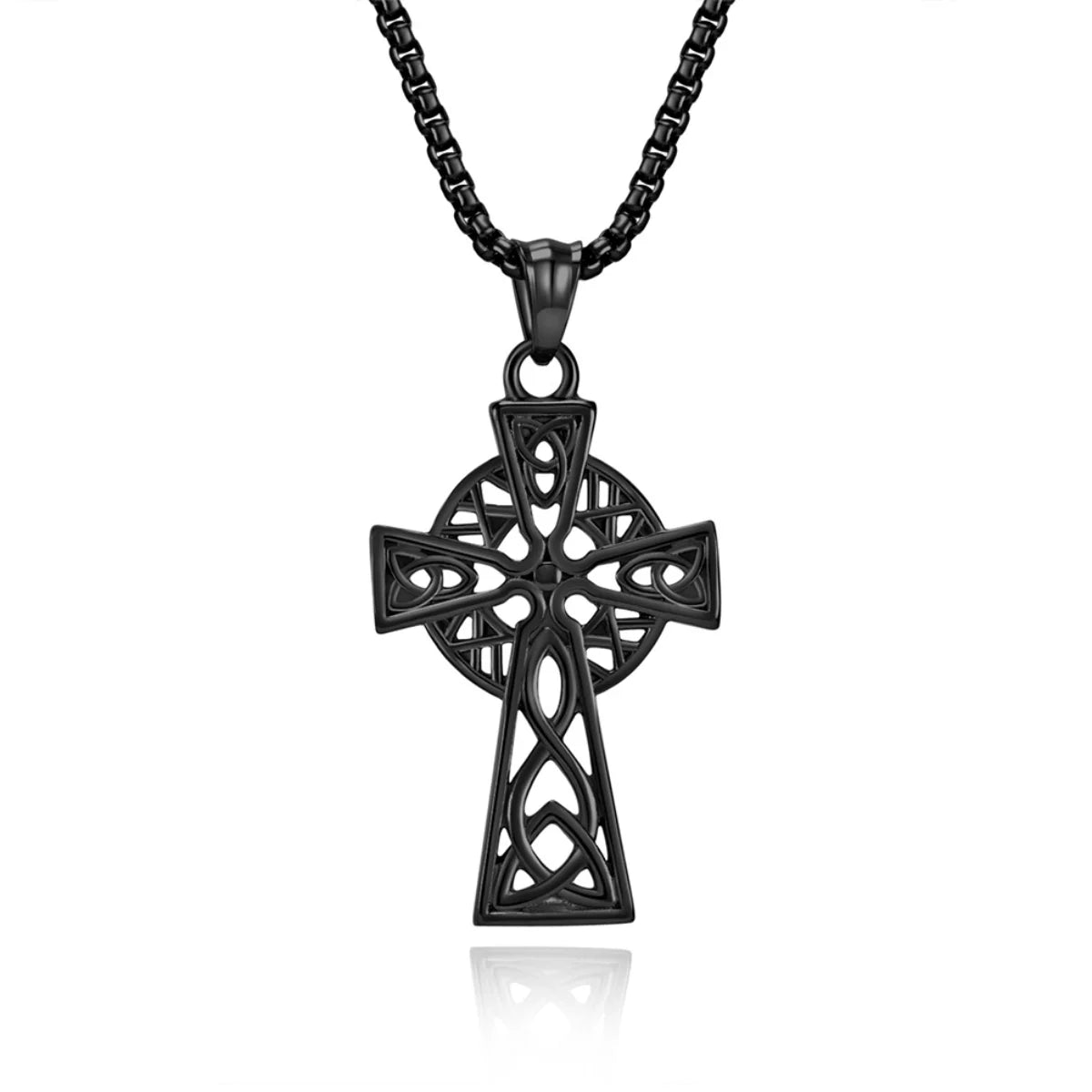 Trinity Knot Cross Necklace Black Pendant with Chain Front View White Background