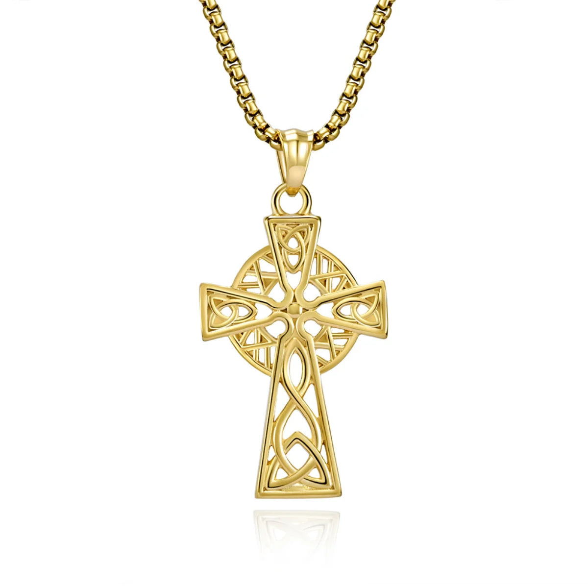 Trinity Knot Cross Necklace Gold Pendant with Chain Front View White Background