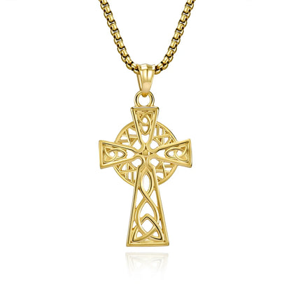 Trinity Knot Cross Necklace Gold Pendant with Chain Front View White Background