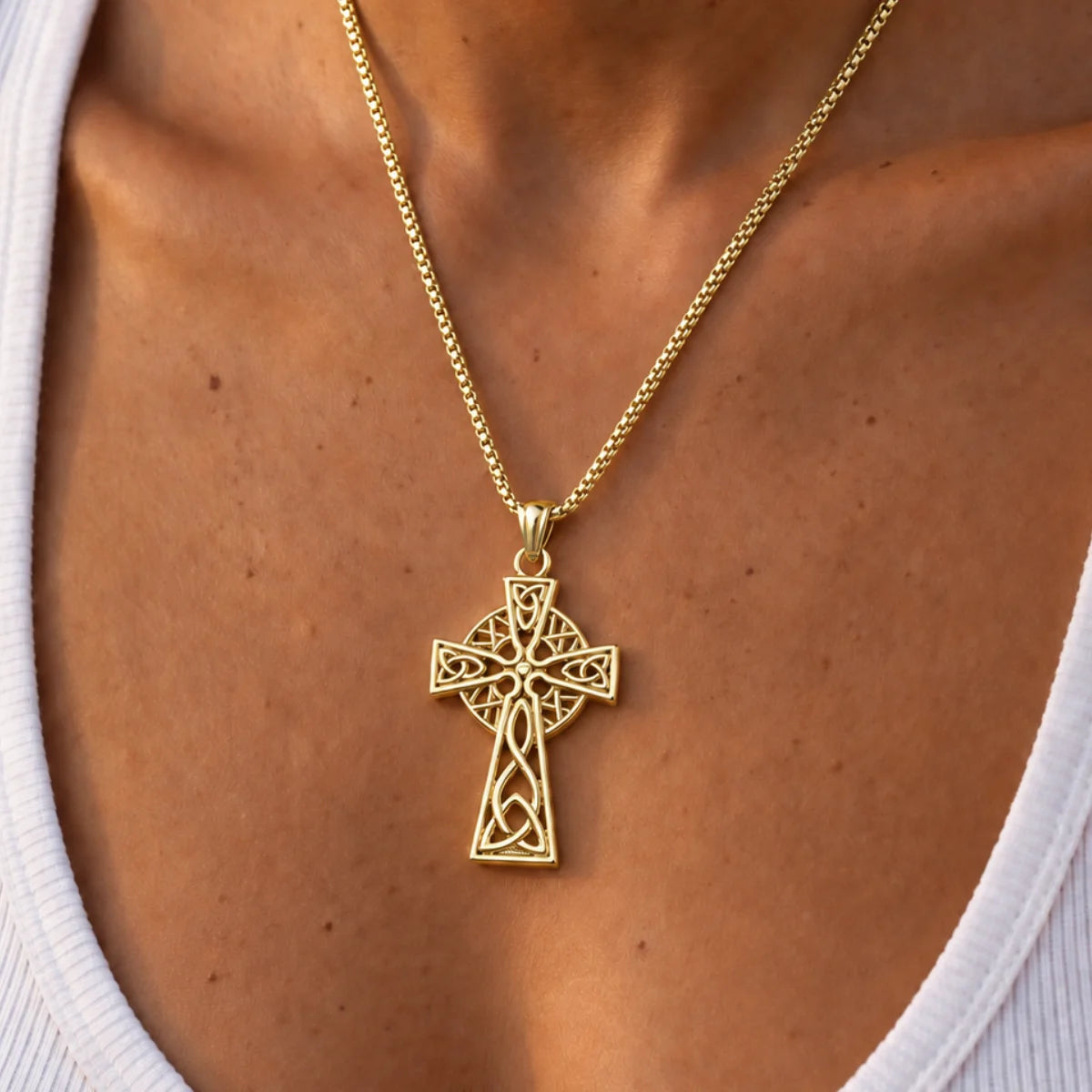 Trinity Knot Cross Necklace Gold Worn by Model Chest View