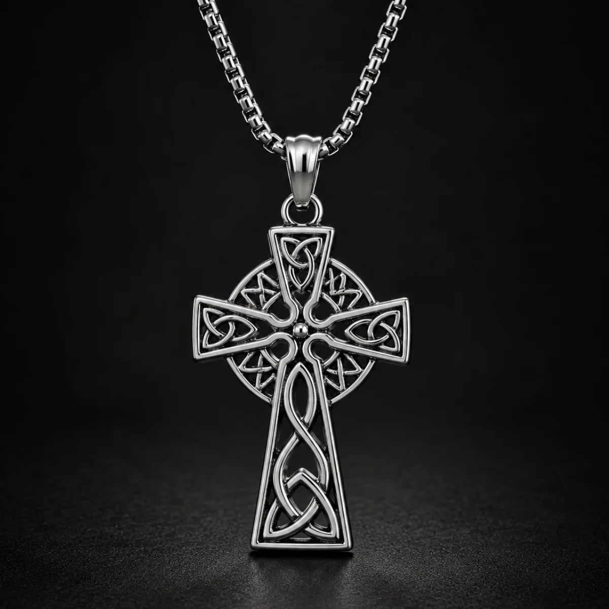 Trinity Knot Cross Necklace Silver Close Up Black Background