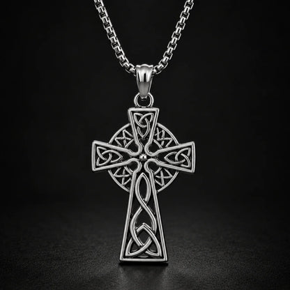 Trinity Knot Cross Necklace Silver Close Up Black Background